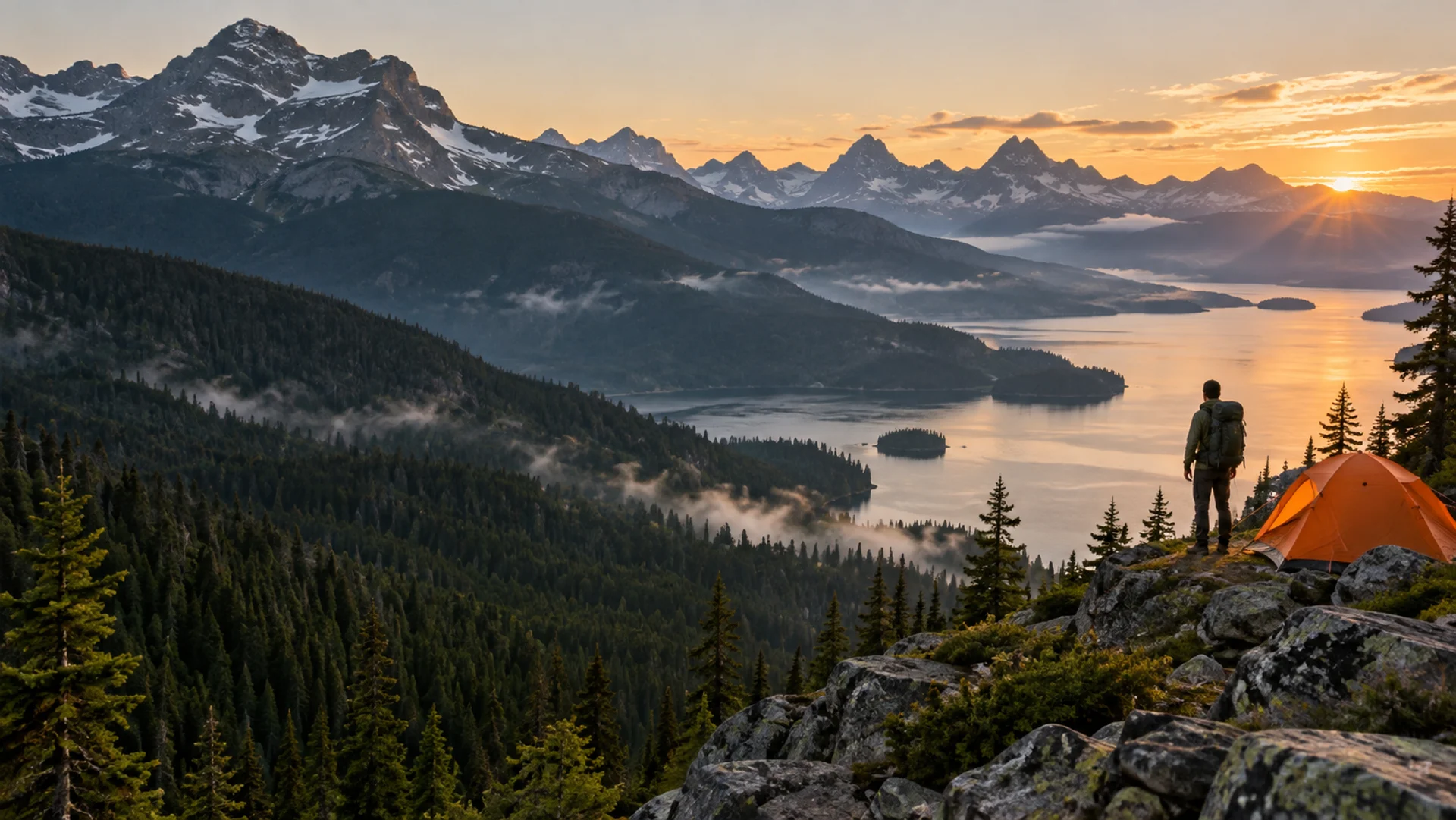 An alpine campsite overlooking a forested lake and mountain ridges