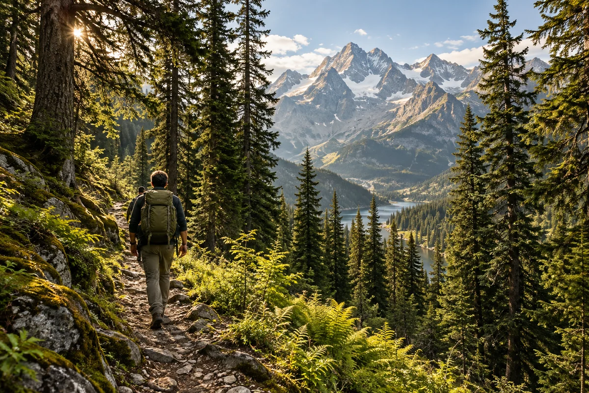 A hiker on a sunlit forest trail beneath alpine peaks